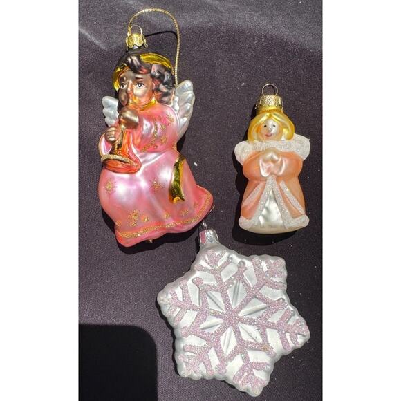 Vintage Blown Glass Angel & Snowflake Ornaments Gold Lot Of 3 -OR3 - Picture 2 of 8
